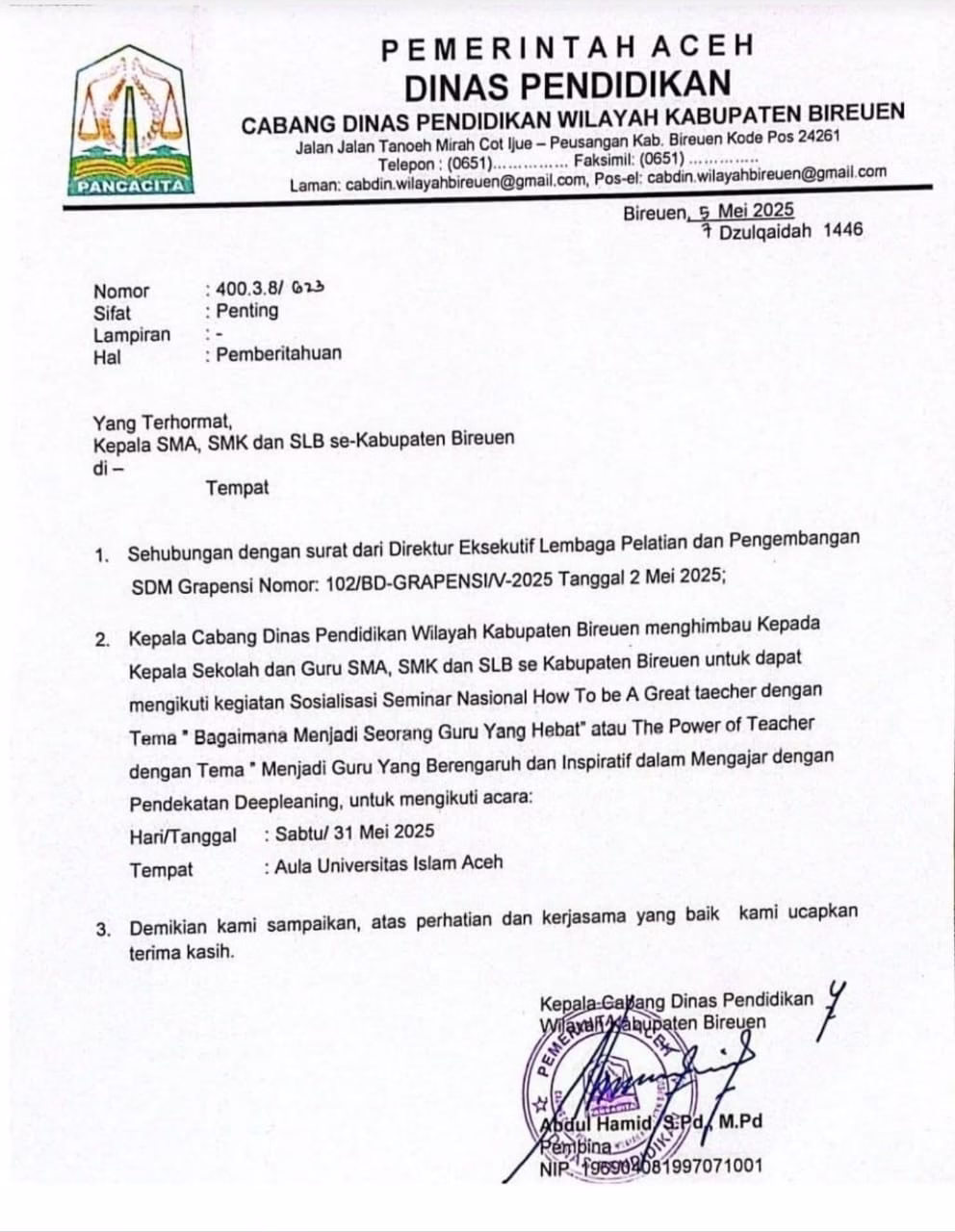 Surat Pemberitahuan Kacabdin