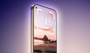 Ilustrasi desain iPhone 18 Pro Maxdengan kamera depan di pojok kiri atas layar