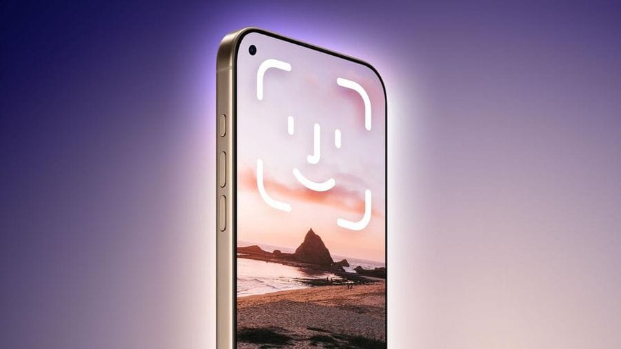 Ilustrasi desain iPhone 18 Pro Maxdengan kamera depan di pojok kiri atas layar