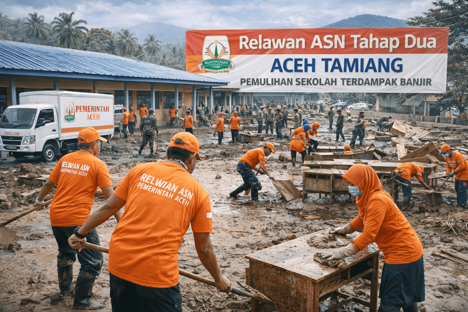 Relawan ASN Pemerintah Aceh membersihkan sekolah terdampak banjir di Aceh Tamiang pada masa pemulihan pascabencana.
