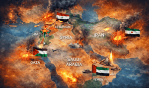 Peta kawasan Timur Tengah dengan sorotan konflik Israel–Palestina, Iran, Lebanon, dan Suriah pada tahun 2026