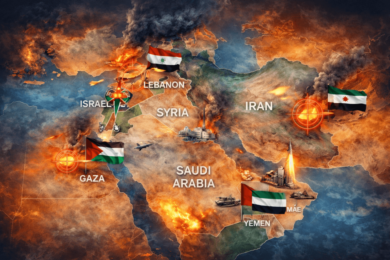 Peta kawasan Timur Tengah dengan sorotan konflik Israel–Palestina, Iran, Lebanon, dan Suriah pada tahun 2026