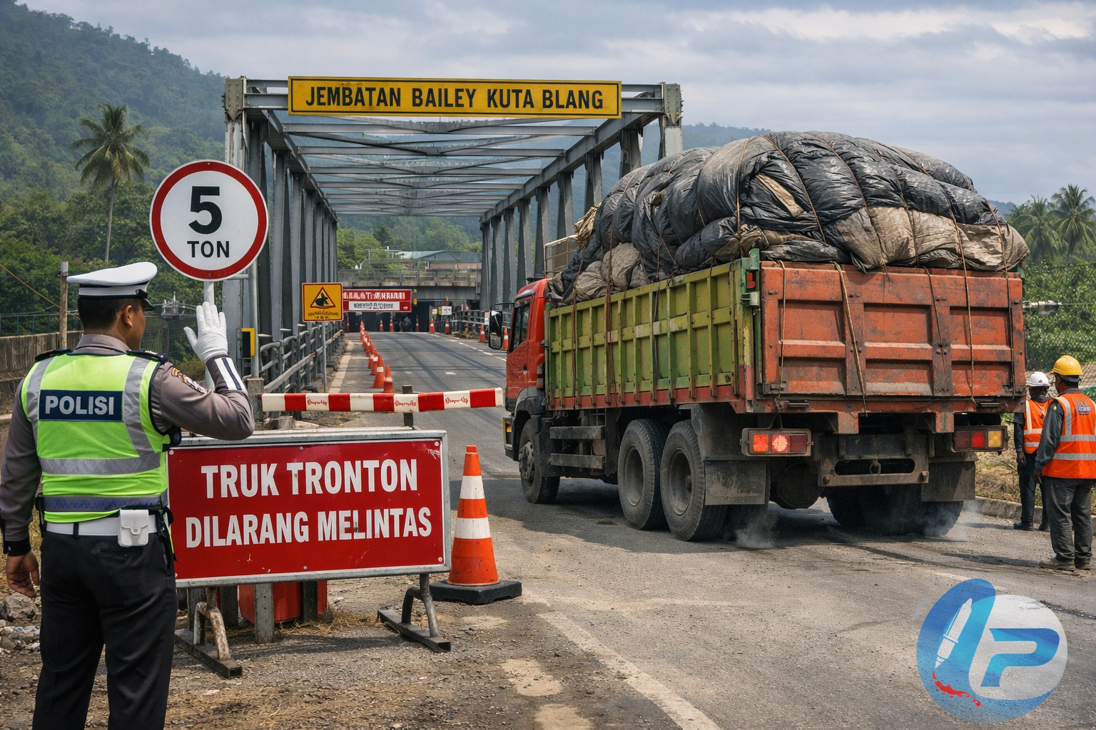 Petugas mengatur lalu lintas truk di Jembatan Bailey Kuta Blang Aceh