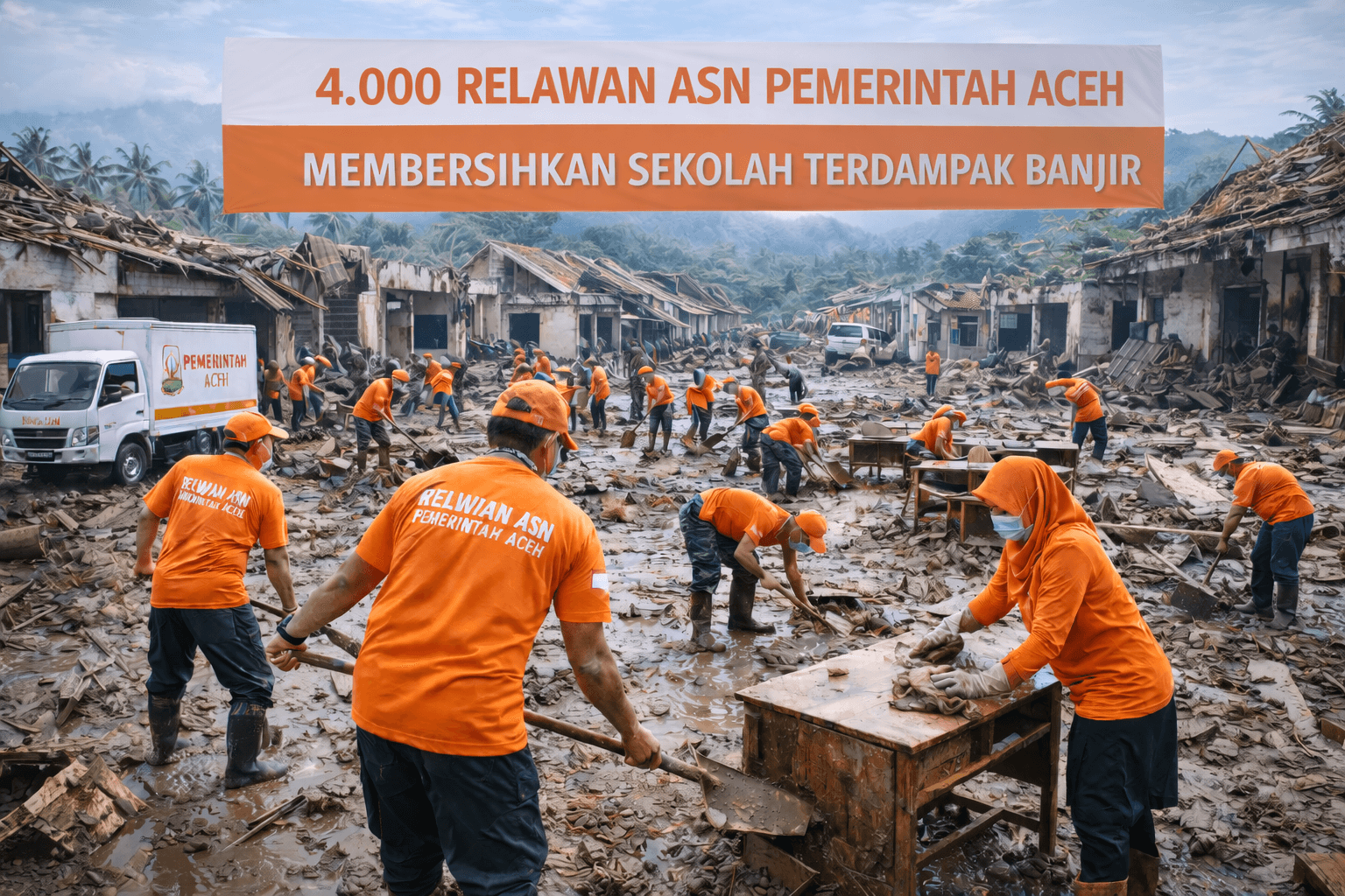 Relawan ASN Pemerintah Aceh membersihkan sekolah terdampak banjir di Aceh Tamiang pada tahap kedua pemulihan pascabencana.