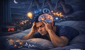 Ilustrasi seseorang mengalami insomnia karena terlalu memaksa tidur pada malam hari.