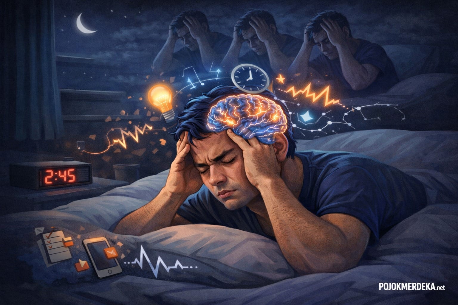 Ilustrasi seseorang mengalami insomnia karena terlalu memaksa tidur pada malam hari.