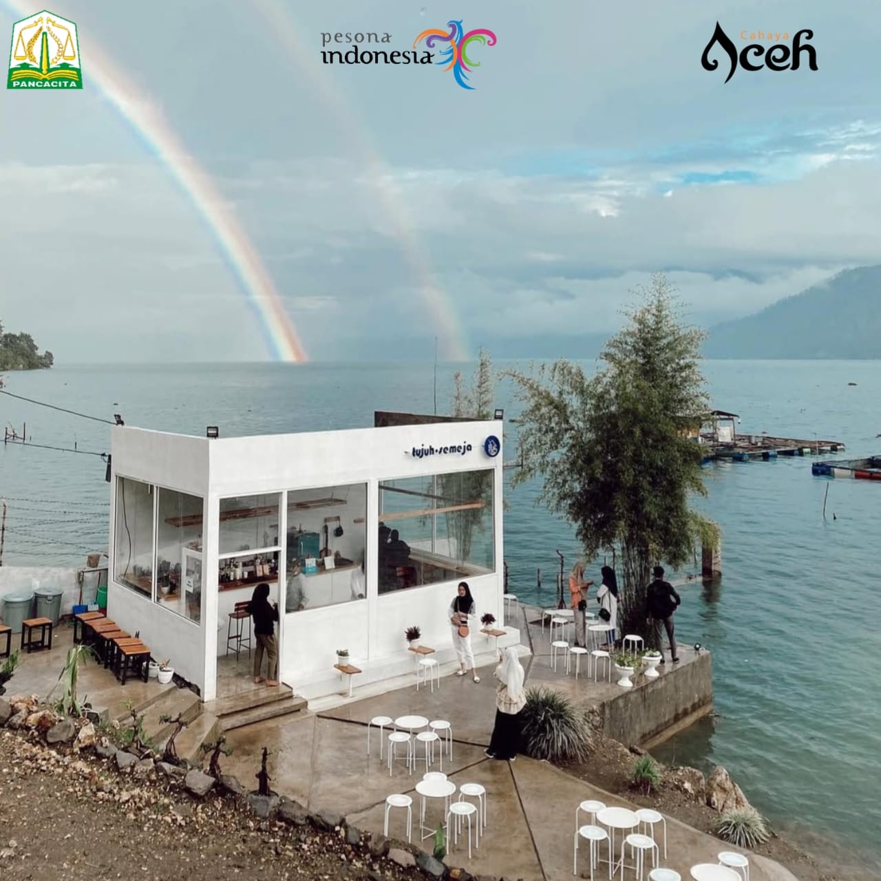 Tujuh Semeja Takengon kopi Gayo panorama Danau Laut Tawar dengan suasana coffeeshop estetik di Aceh Tengah.