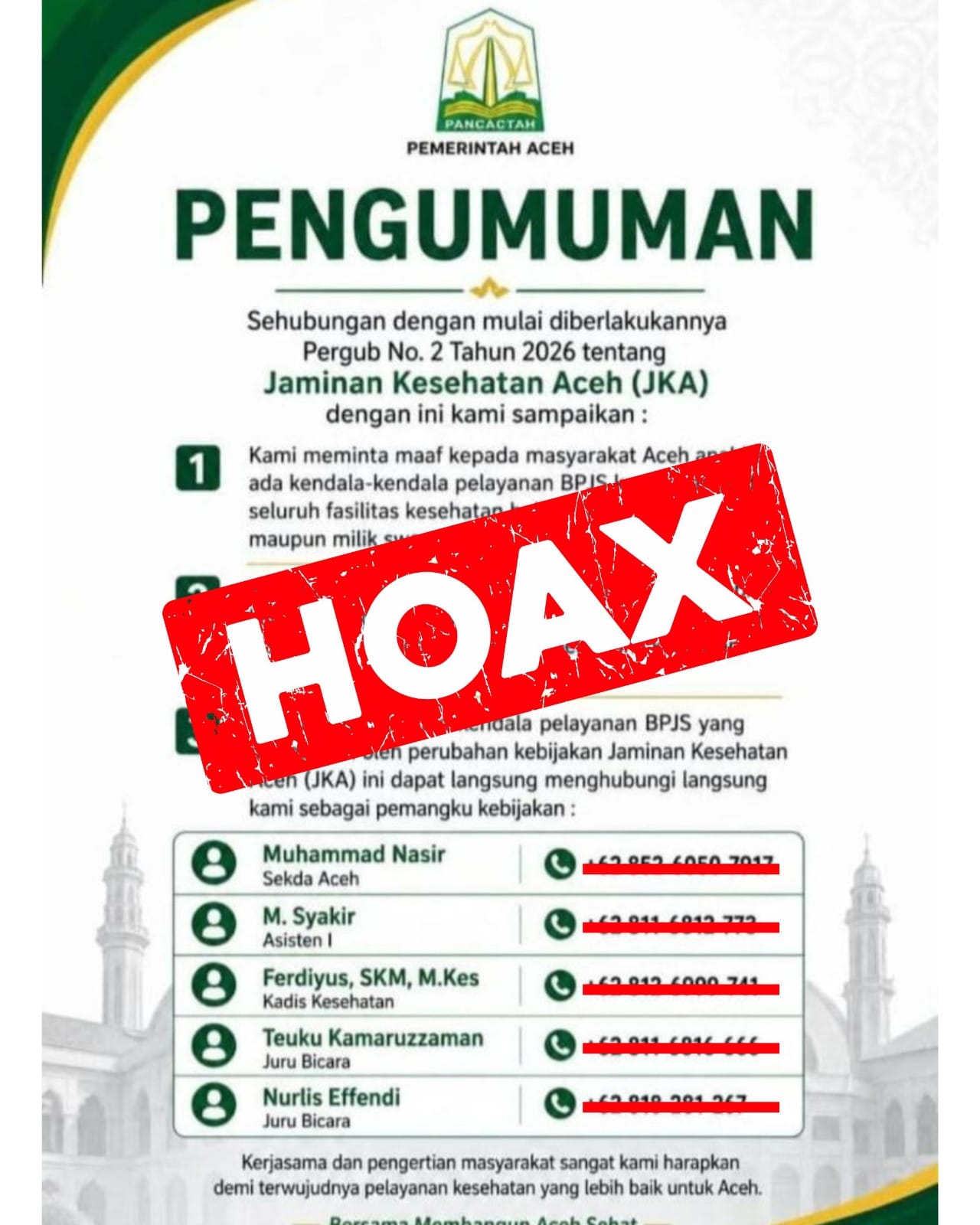 Flyer hoaks JKA Aceh dengan nomor pejabat tersebar